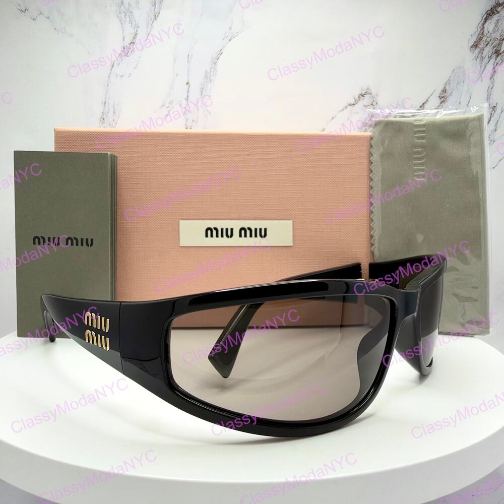 MIU MIU Sunglasses Black Wrap Gold Logo Gray Lens Authentic New